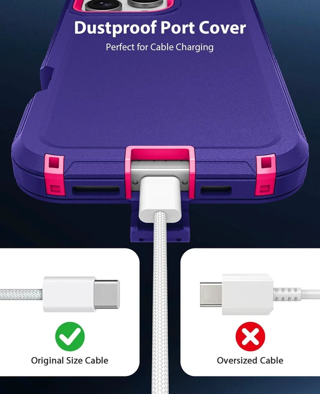 Alt view image 5 of 7 - for iPhone 16 Pro Max Heavy Duty Tough Shockproof Case, Purple/Rose | Anti-Dust Port & Crossbody Strap Holes Design, Tough Protection Back Cover Cases For Outdoor Travel Commute Rugged Daily Use