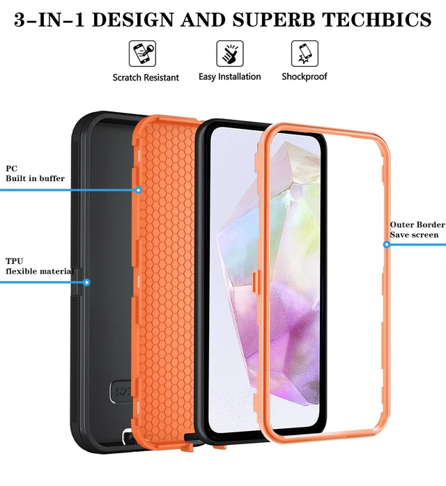 Alt view image 5 of 6 - for Samsung Galaxy S26 Case, 3-Layer Cover, BlackOrange | Heavy Duty Shockproof & Dropproof Phone Case with 2 Pack HD Screen Protector for Samsung Galaxy S26 6.3"