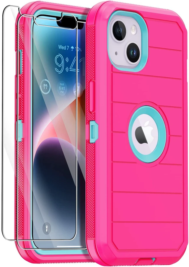 Main image of iPhone 14 Case (Rose/Light Green) - 3-Layer Military Grade Shockproof Protection with 2 Screen Protectors