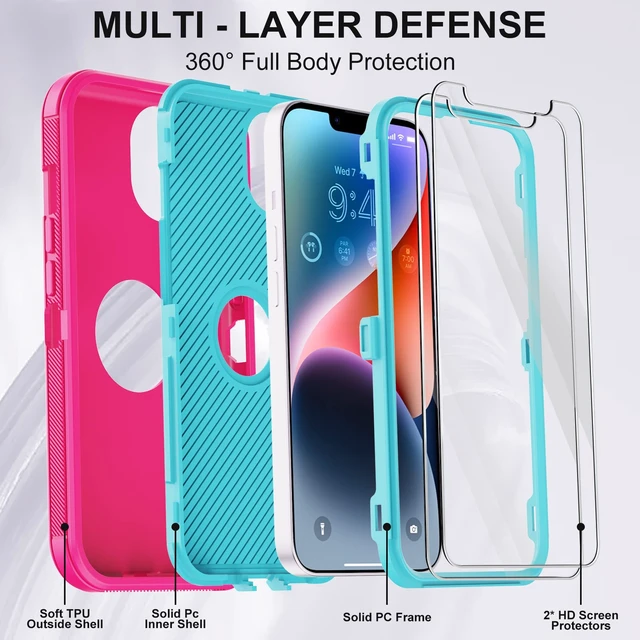 Alt view image 2 of 7 - iPhone 14 Case (Rose/Light Green) - 3-Layer Military Grade Shockproof Protection with 2 Screen Protectors