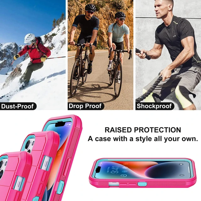Alt view image 6 of 7 - iPhone 14 Case (Rose/Light Green) - 3-Layer Military Grade Shockproof Protection with 2 Screen Protectors