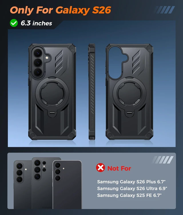 Alt view image 2 of 7 - for Samsung Galaxy S26 Case with 360 Spin Magnetic Stand Black | Screen Protector, Compatible with MagSafe, Heavy Duty Military-Grade Drop Protection, Grip Ring Kickstand, Shockproof Rugged