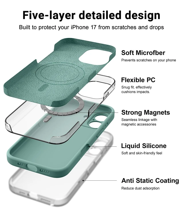 Alt view image 4 of 7 - Magnetic for iPhone 17 Case,Compatible with Magsafe,Classic Liquid Silicone Mobile Phone Case,Integrated Camera Control Button,Anti-Scratch Microfiber Lining, Pine Green