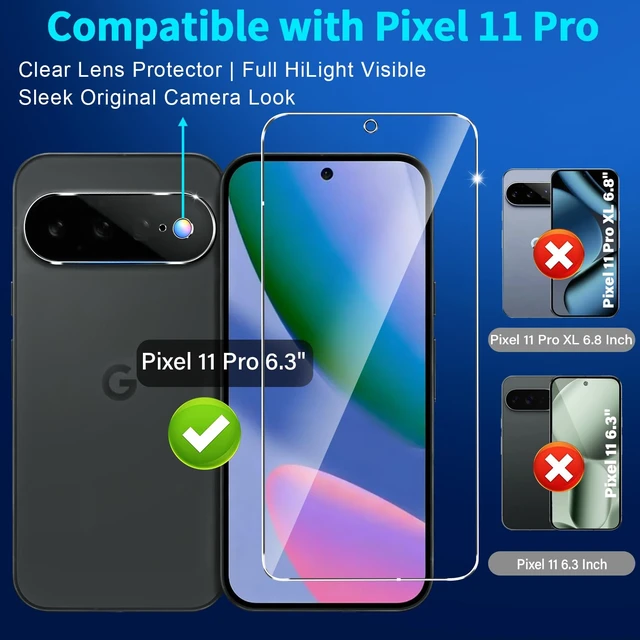 Alt view image 2 of 7 - 3 Pack for Google Pixel 11 Pro Screen Protector Tempered Glass + 3 Pack Camera Lens Protector, Military Grade Shatterproof, 9H Hardness, Fingerprint Unlock,Case Friendly 6.3 Inch