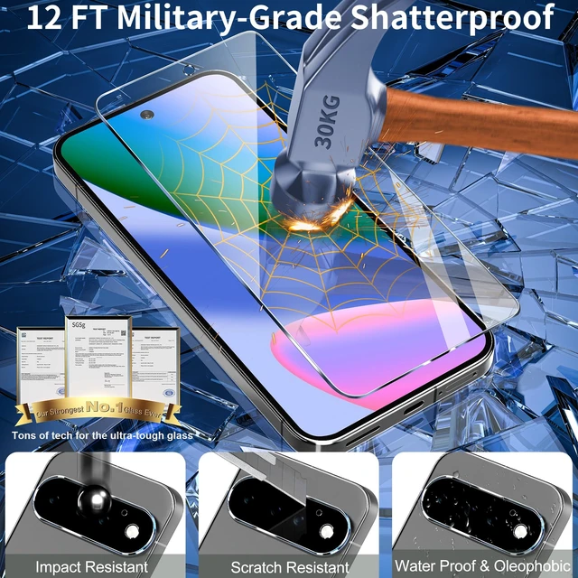 Alt view image 3 of 7 - 3 Pack for Google Pixel 11 Pro Screen Protector Tempered Glass + 3 Pack Camera Lens Protector, Military Grade Shatterproof, 9H Hardness, Fingerprint Unlock,Case Friendly 6.3 Inch