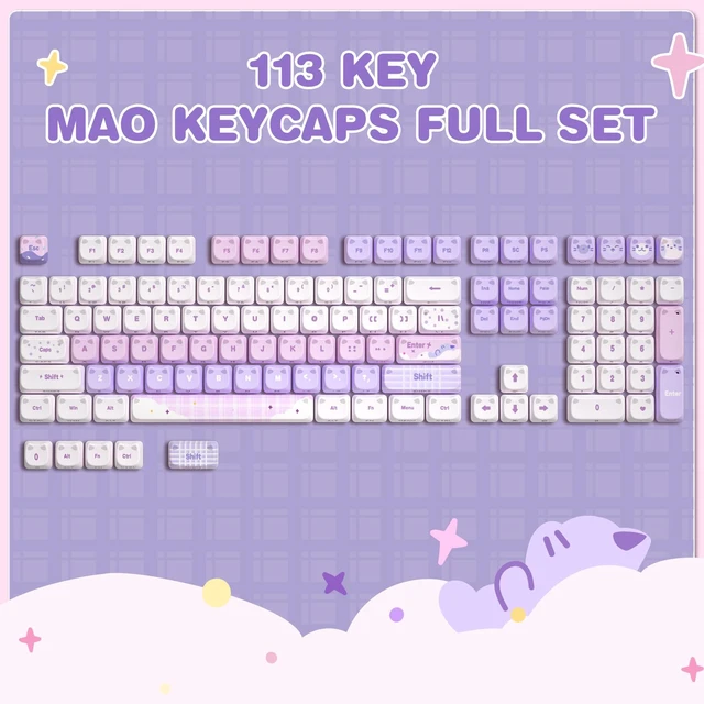 Alt view image 2 of 7 - Cute Cat 113 Keys PBT/PC Shine Through Keycaps (Purple, Mao Profile) | Mao Profile Cat-themed Keycaps with Shine-through Design,PBT/PC Material Compatible with 60%/65%/75%/TKL/96%/100% Layouts
