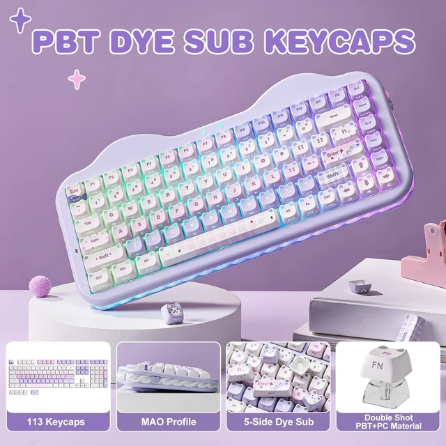 Alt view image 3 of 7 - Cute Cat 113 Keys PBT/PC Shine Through Keycaps (Purple, Mao Profile) | Mao Profile Cat-themed Keycaps with Shine-through Design,PBT/PC Material Compatible with 60%/65%/75%/TKL/96%/100% Layouts