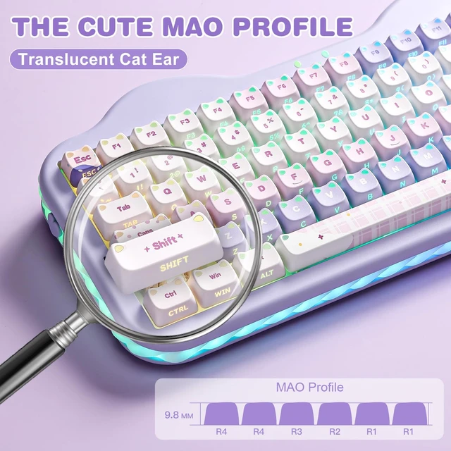 Alt view image 4 of 7 - Cute Cat 113 Keys PBT/PC Shine Through Keycaps (Purple, Mao Profile) | Mao Profile Cat-themed Keycaps with Shine-through Design,PBT/PC Material Compatible with 60%/65%/75%/TKL/96%/100% Layouts