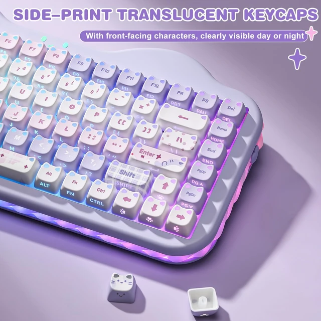 Alt view image 6 of 7 - Cute Cat 113 Keys PBT/PC Shine Through Keycaps (Purple, Mao Profile) | Mao Profile Cat-themed Keycaps with Shine-through Design,PBT/PC Material Compatible with 60%/65%/75%/TKL/96%/100% Layouts