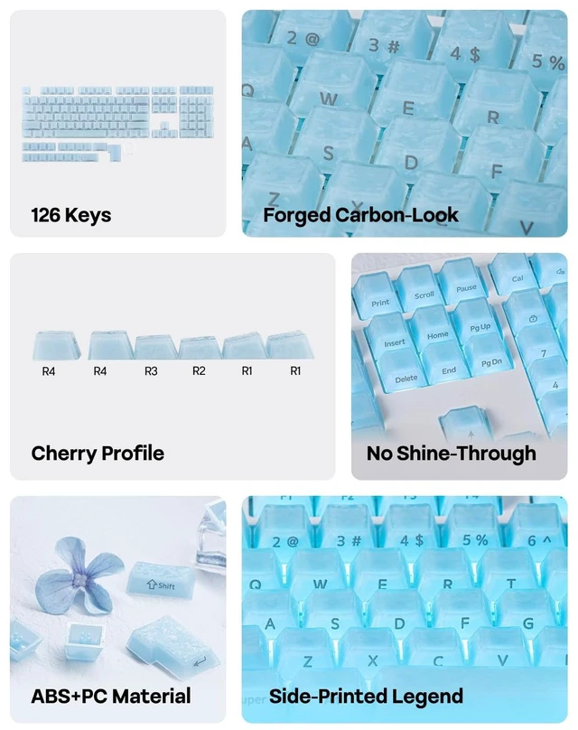 Alt view image 3 of 7 - Frost Jelly Keycaps Set, 126 Keys Forged Carbon Fiber Keycaps | Cherry Profile, ABS+PC, MX-Style Compatible for 61/68/84/87/98/100/104/108 ANSI Layout Mechanical Gaming Keyboards (Blue)