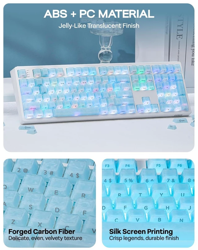 Alt view image 6 of 7 - Frost Jelly Keycaps Set, 126 Keys Forged Carbon Fiber Keycaps | Cherry Profile, ABS+PC, MX-Style Compatible for 61/68/84/87/98/100/104/108 ANSI Layout Mechanical Gaming Keyboards (Blue)