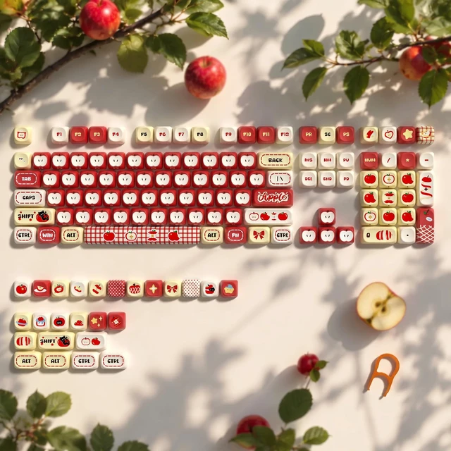 Alt view image 6 of 7 - Womier MOA Red Keycaps Set 133 Keys, Dye Sub Side Print PBT Apples Key caps | Custom Keycaps for 60 65 75 100 Percent Keyboard, MOA Profile, Red Cartoon Keycap