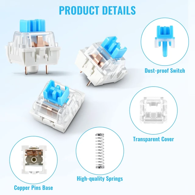 Alt view image 3 of 7 - 200 Pcs 3-PIN Blue Mechanical Keyboard Switches, Clicky Tactile Key Switches for Most Gaming Keyboards, 3D Prints Fidget, Dustproof Replacement Keys