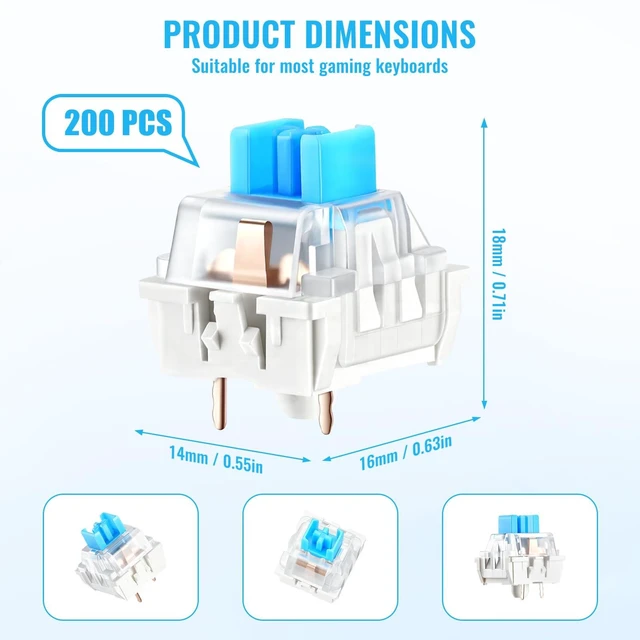 Alt view image 2 of 7 - 200 Pcs 3-PIN Blue Mechanical Keyboard Switches, Clicky Tactile Key Switches for Most Gaming Keyboards, 3D Prints Fidget, Dustproof Replacement Keys