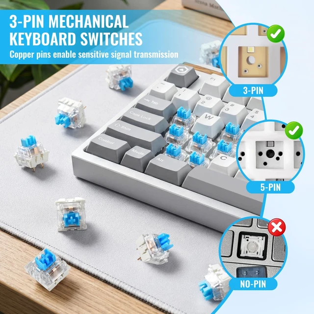 Alt view image 4 of 7 - 200 Pcs 3-PIN Blue Mechanical Keyboard Switches, Clicky Tactile Key Switches for Most Gaming Keyboards, 3D Prints Fidget, Dustproof Replacement Keys
