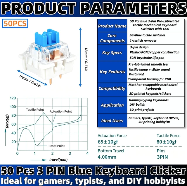 Alt view image 2 of 5 - 50 Pcs 3-Pin Blue Mechanical Keyboard Switches, Pre-Lubricated Clicky Tactile Keyboard Clickers for 3D Prints,Dustproof with Switch Puller for LED Gaming Keyboards & DIY 3D Printed Fidget Keypads