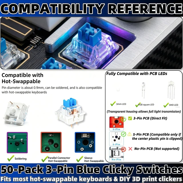 Alt view image 3 of 5 - 50 Pcs 3-Pin Blue Mechanical Keyboard Switches, Pre-Lubricated Clicky Tactile Keyboard Clickers for 3D Prints,Dustproof with Switch Puller for LED Gaming Keyboards & DIY 3D Printed Fidget Keypads