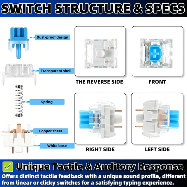 Alt view image 4 of 5 - 50 Pcs 3-Pin Blue Mechanical Keyboard Switches, Pre-Lubricated Clicky Tactile Keyboard Clickers for 3D Prints,Dustproof with Switch Puller for LED Gaming Keyboards & DIY 3D Printed Fidget Keypads