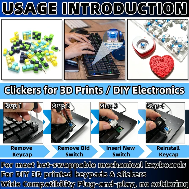Alt view image 5 of 5 - 50 Pcs 3-Pin Blue Mechanical Keyboard Switches, Pre-Lubricated Clicky Tactile Keyboard Clickers for 3D Prints,Dustproof with Switch Puller for LED Gaming Keyboards & DIY 3D Printed Fidget Keypads