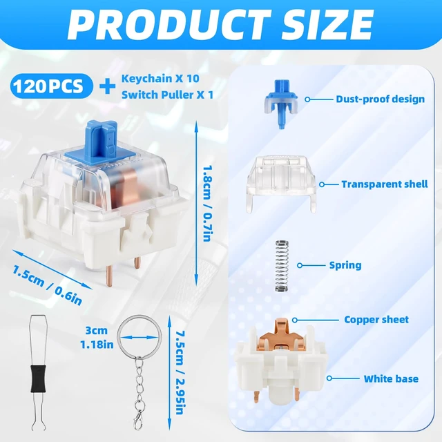 Alt view image 2 of 7 - 120 Pcs Keyboard Clicker for 3D Prints, 3-Pin Clicky Tactile Mechanical Keyboard Switches, Blue Switches for 3D Printed Clicker Fidget & Gaming Keyboards with Switch Puller & 10Pcs Metal Keychain