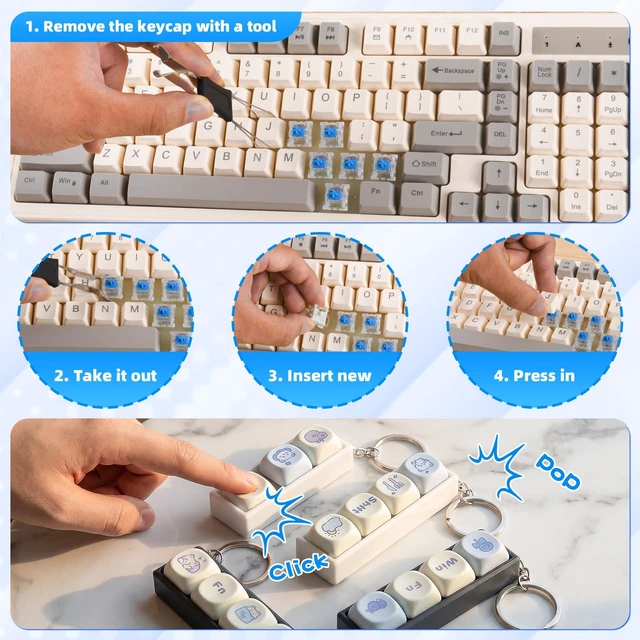 Alt view image 5 of 7 - 120 Pcs Keyboard Clicker for 3D Prints, 3-Pin Clicky Tactile Mechanical Keyboard Switches, Blue Switches for 3D Printed Clicker Fidget & Gaming Keyboards with Switch Puller & 10Pcs Metal Keychain