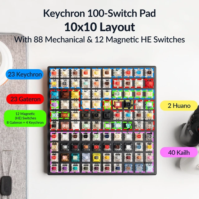 Alt view image 3 of 7 - Switch Tester 100 Max Edition, 88 Mechanical & 12 Magnetic HE Switches Testing Kit with 100 Labeled Keycaps, Includes /Gateron/Kailh/Huano, Pro Mechanical Keyboard Feel