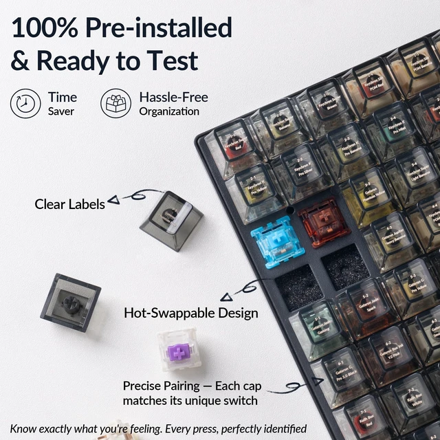 Alt view image 5 of 7 - Switch Tester 100 Max Edition, 88 Mechanical & 12 Magnetic HE Switches Testing Kit with 100 Labeled Keycaps, Includes /Gateron/Kailh/Huano, Pro Mechanical Keyboard Feel