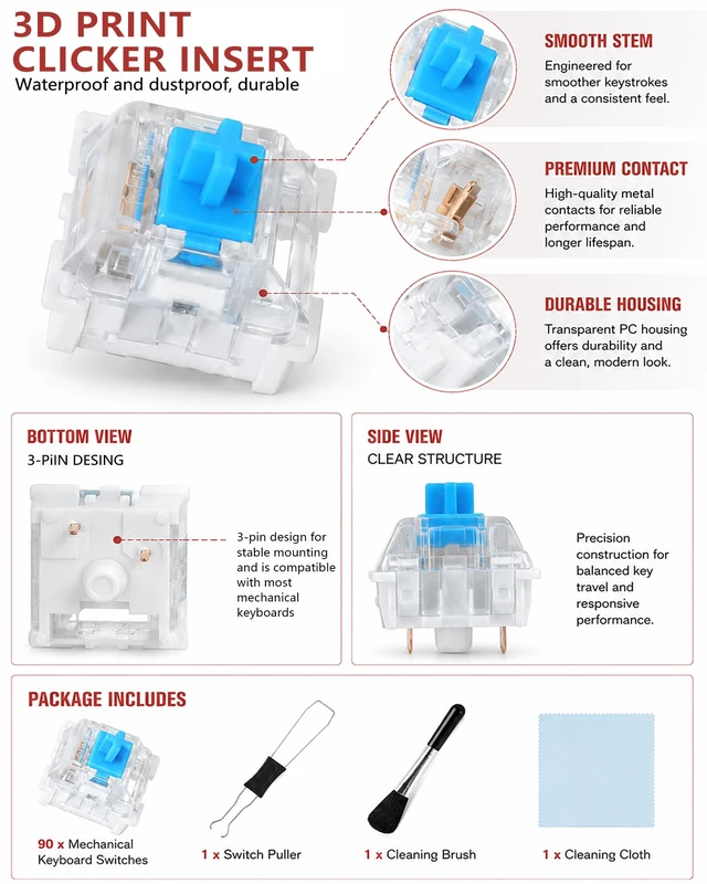 Alt view image 2 of 6 - 90PCS Keyboard Clickers for 3D Prints, 3-Pin Blue MX Switches | Crisp clicks,strong tactile bump,dustproof 3D clicker parts for DIY 3D printed clickers,includes switch puller,brush & cloth