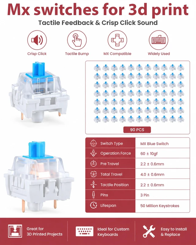 Alt view image 4 of 6 - 90PCS Keyboard Clickers for 3D Prints, 3-Pin Blue MX Switches | Crisp clicks,strong tactile bump,dustproof 3D clicker parts for DIY 3D printed clickers,includes switch puller,brush & cloth