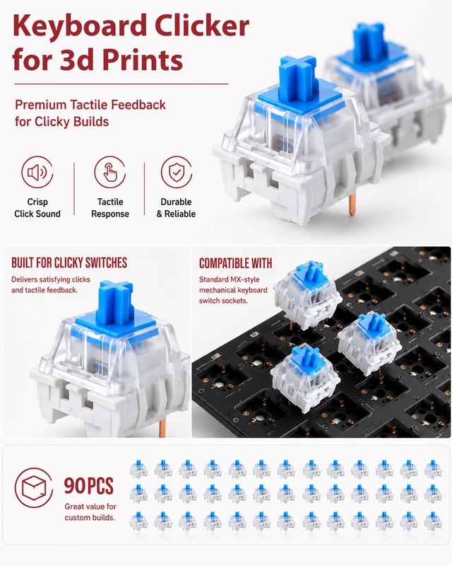 Alt view image 5 of 6 - 90PCS Keyboard Clickers for 3D Prints, 3-Pin Blue MX Switches | Crisp clicks,strong tactile bump,dustproof 3D clicker parts for DIY 3D printed clickers,includes switch puller,brush & cloth