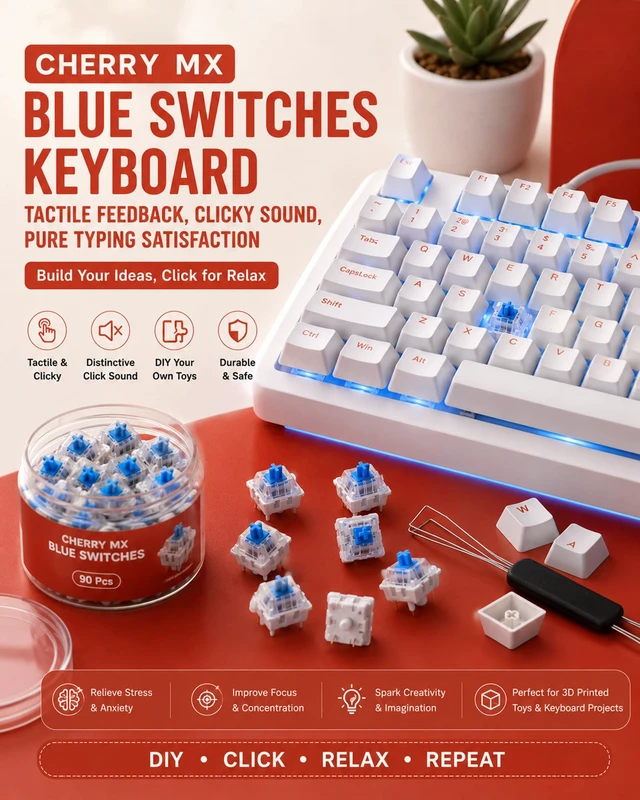 Alt view image 6 of 6 - 90PCS Keyboard Clickers for 3D Prints, 3-Pin Blue MX Switches | Crisp clicks,strong tactile bump,dustproof 3D clicker parts for DIY 3D printed clickers,includes switch puller,brush & cloth