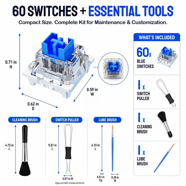 Alt view image 3 of 7 - 60PCS Blue Mechanical Keyboard Switches - Clickers for 3D Prints | Fidget Clicker Insert - 3/5 Pin Compatible Clicky Replacement Tactile Switches Set with Switch Puller, Cleaning & Lube Brush