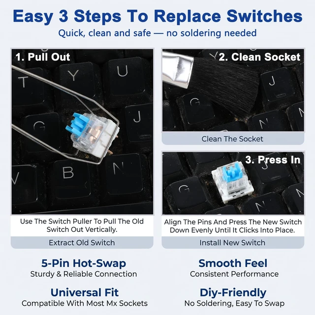 Alt view image 3 of 7 - 60pcs 3-Pin Clicky Tactile Mechanical Keyboard Switches for 3D Prints | Clicky Keyboard Switches with Switch Puller & Cleaning Brush for 3D Prints Dustproof and Waterproof for Most Gaming Keyboards