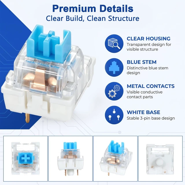 Alt view image 6 of 7 - 60pcs 3-Pin Clicky Tactile Mechanical Keyboard Switches for 3D Prints | Clicky Keyboard Switches with Switch Puller & Cleaning Brush for 3D Prints Dustproof and Waterproof for Most Gaming Keyboards