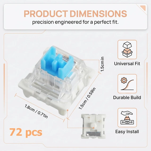 Alt view image 6 of 6 - Keyboard Switches 72PCS 3-Pin Clicky Clickers for 3D Prints | For Mechanical Gaming & Typing, Pre-Lubricated 3-Pin Clicky Switches, Dustproof, Transparent Housing, Includes Keycap Puller
