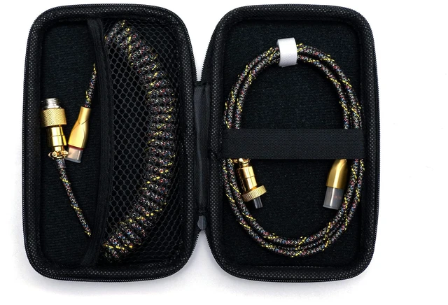 Main image of Coiled Keyboard Cable USB C to A, Gold&Black | Double-Sleeved Techflex with Metal GX16 Aviator, Pro Detachable Spiral Cord for Gaming Setup, Includes Zipper Organizer Bag