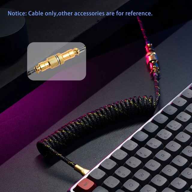 Alt view image 2 of 6 - Coiled Keyboard Cable USB C to A, Gold&Black | Double-Sleeved Techflex with Metal GX16 Aviator, Pro Detachable Spiral Cord for Gaming Setup, Includes Zipper Organizer Bag