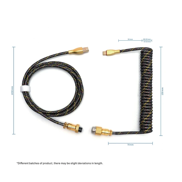 Alt view image 3 of 6 - Coiled Keyboard Cable USB C to A, Gold&Black | Double-Sleeved Techflex with Metal GX16 Aviator, Pro Detachable Spiral Cord for Gaming Setup, Includes Zipper Organizer Bag