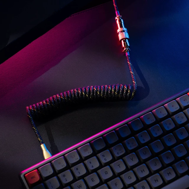 Alt view image 4 of 6 - Coiled Keyboard Cable USB C to A, Gold&Black | Double-Sleeved Techflex with Metal GX16 Aviator, Pro Detachable Spiral Cord for Gaming Setup, Includes Zipper Organizer Bag
