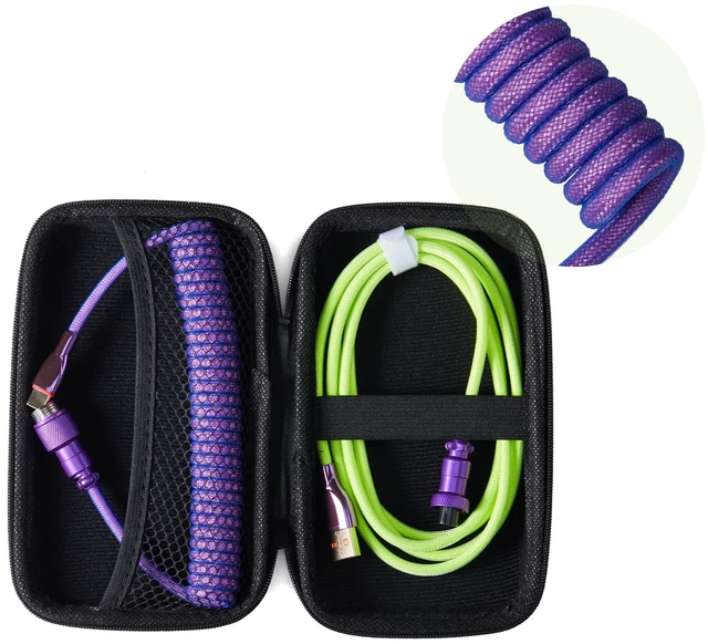 Main image of USB C Coiled Keyboard Cable for Mechanical Keyboards,Green&Purple | Double Sleeved Aviator Cable,Coiled USB C Cable,With Organizer Zipper Bag