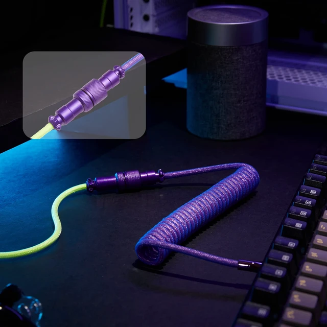 Alt view image 2 of 7 - USB C Coiled Keyboard Cable for Mechanical Keyboards,Green&Purple | Double Sleeved Aviator Cable,Coiled USB C Cable,With Organizer Zipper Bag
