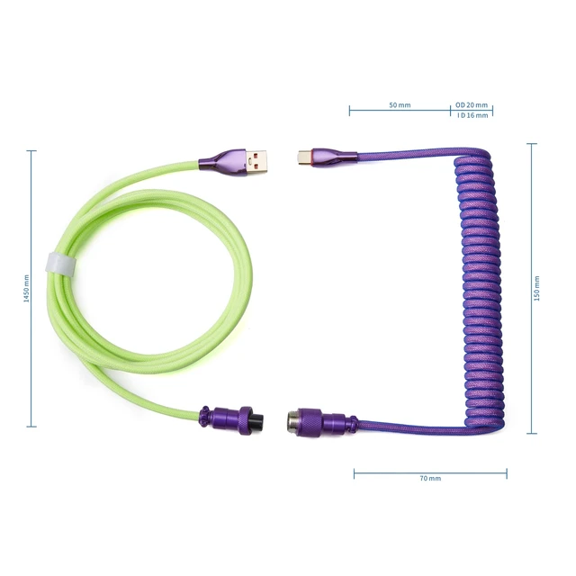 Alt view image 3 of 7 - USB C Coiled Keyboard Cable for Mechanical Keyboards,Green&Purple | Double Sleeved Aviator Cable,Coiled USB C Cable,With Organizer Zipper Bag