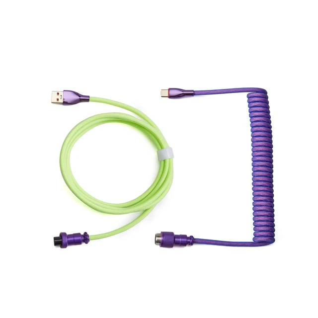 Alt view image 6 of 7 - USB C Coiled Keyboard Cable for Mechanical Keyboards,Green&Purple | Double Sleeved Aviator Cable,Coiled USB C Cable,With Organizer Zipper Bag