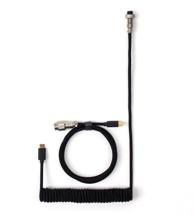 Main image of Custom Coiled Aviator USB-C Cable, Black, 5-Pin (GX12) Detachable Metal Connector, USB-A Adapter, Durable Braided Cable for Mechanical Keyboards, Charging & Data Transfer