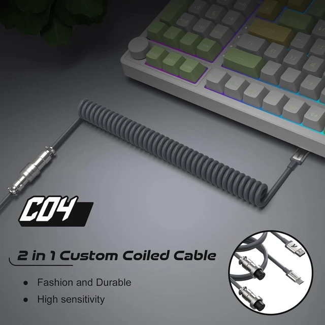 Alt view image 2 of 7 - Coiled Keyboard Cable for Gaming Custom Keyboard,Double-Sleeved Coiled USB C Cable with Detachable Metal Aviator,USB A To Type C&Type C To Type C for Mechanical Keybaord,Printer,Phone,Ipad,Xbox-Grey