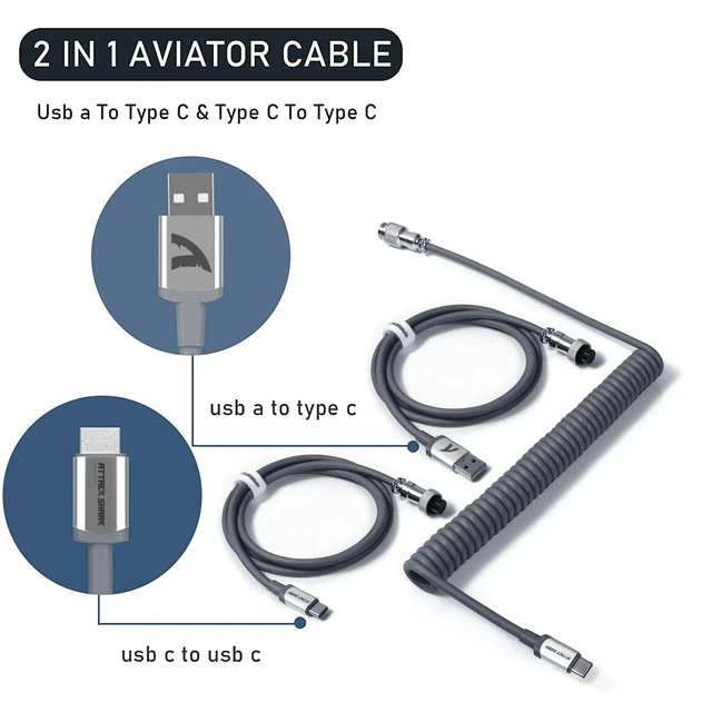 Alt view image 3 of 7 - Coiled Keyboard Cable for Gaming Custom Keyboard,Double-Sleeved Coiled USB C Cable with Detachable Metal Aviator,USB A To Type C&Type C To Type C for Mechanical Keybaord,Printer,Phone,Ipad,Xbox-Grey