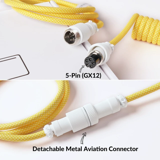 Alt view image 4 of 6 - 8KHz Coiled USB-C Cable for Mechanical Keyboards, GX12 5-Pin Detachable Aviator Connector, USB-A Adapter, 176 cm / 5.77 ft Braided Cable, Charging & Data Transfer, Yellow