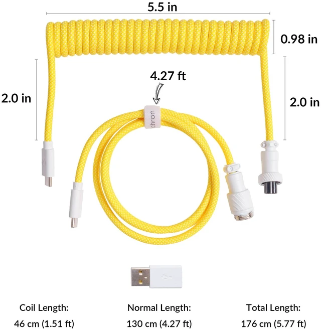 Alt view image 3 of 6 - 8KHz Coiled USB-C Cable for Mechanical Keyboards, GX12 5-Pin Detachable Aviator Connector, USB-A Adapter, 176 cm / 5.77 ft Braided Cable, Charging & Data Transfer, Yellow