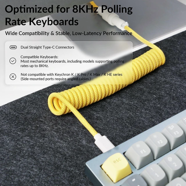 Alt view image 2 of 6 - 8KHz Coiled USB-C Cable for Mechanical Keyboards, GX12 5-Pin Detachable Aviator Connector, USB-A Adapter, 176 cm / 5.77 ft Braided Cable, Charging & Data Transfer, Yellow