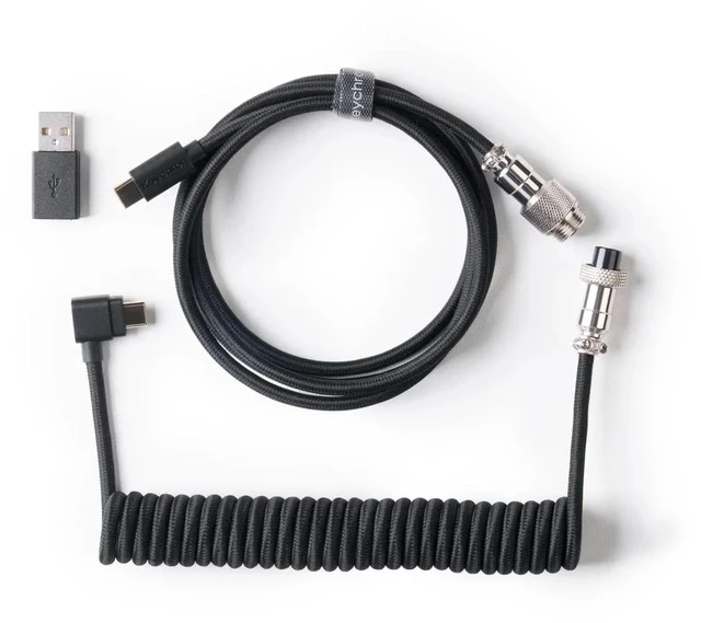 Main image of 8KHz Angled Coiled USB-C Cable for Mechanical Keyboards, GX12 5-Pin Detachable Aviator Connector, USB-A Adapter, 176 cm / 5.77 ft Braided Cable, Charging & Data Transfer, Black